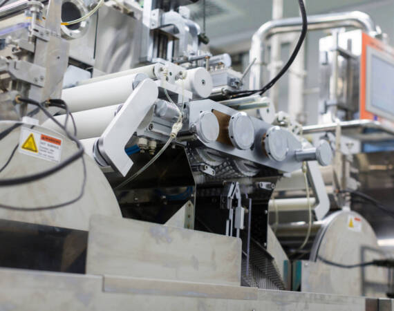 big steel chromed manufacture machine with shafts and computer control panel, from bellow